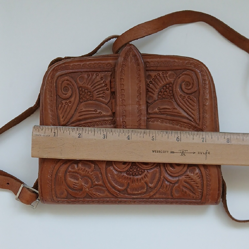 Vintage Tooled Brown Leather Crossbody Shoulder Bag Western Boho - Picture 13 of 16